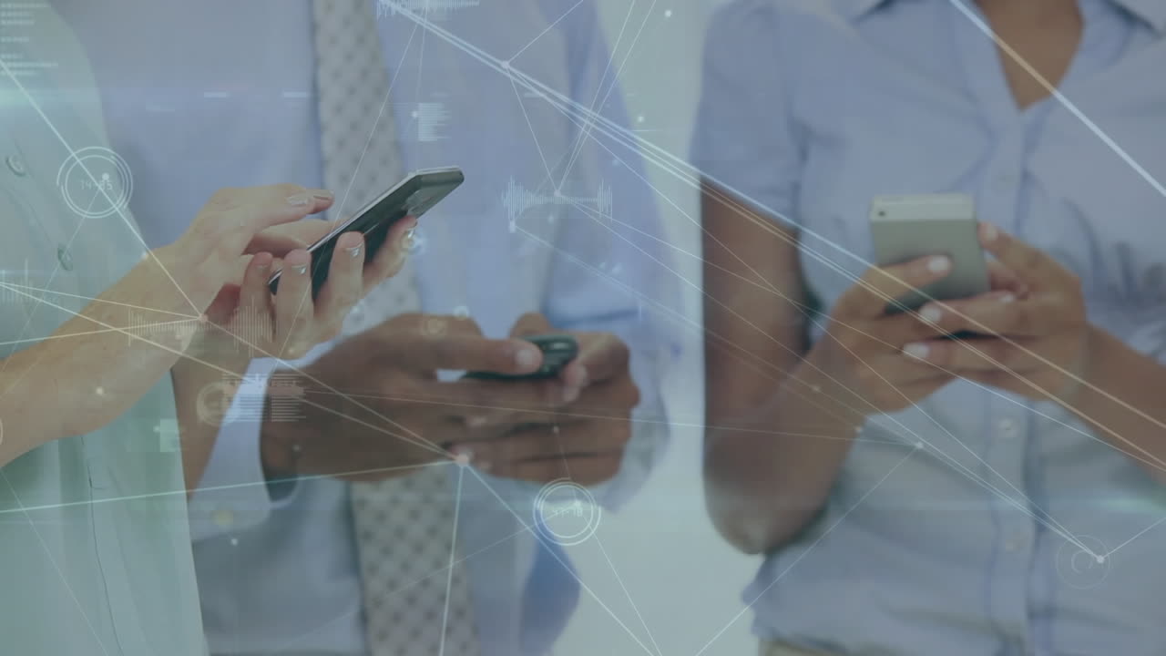 Animation of network of connections over mid section of businesspeople using smartphones