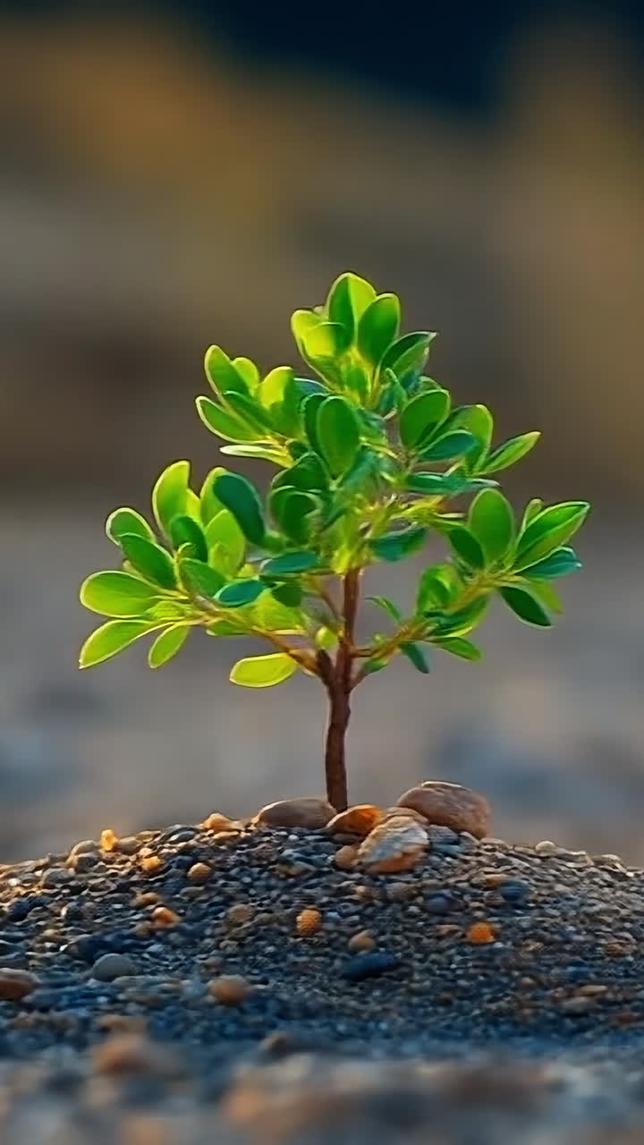 Small green tree thrives on rocky soil. A resilient green tree grows from barren ground, surrounded by small rocks and set against a blurred natural background.
