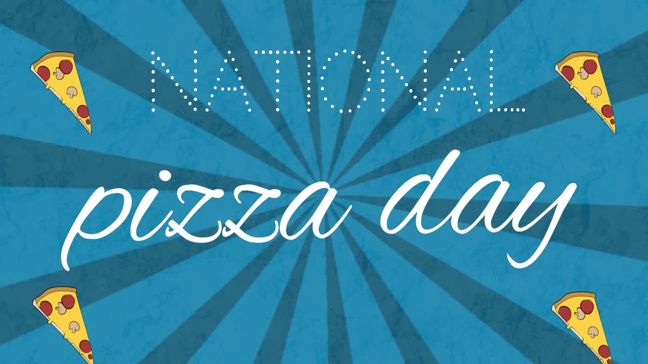 파란색 배경에 있는 국가 피자 데이 텍스트와 피자 아이콘의 애니메이션