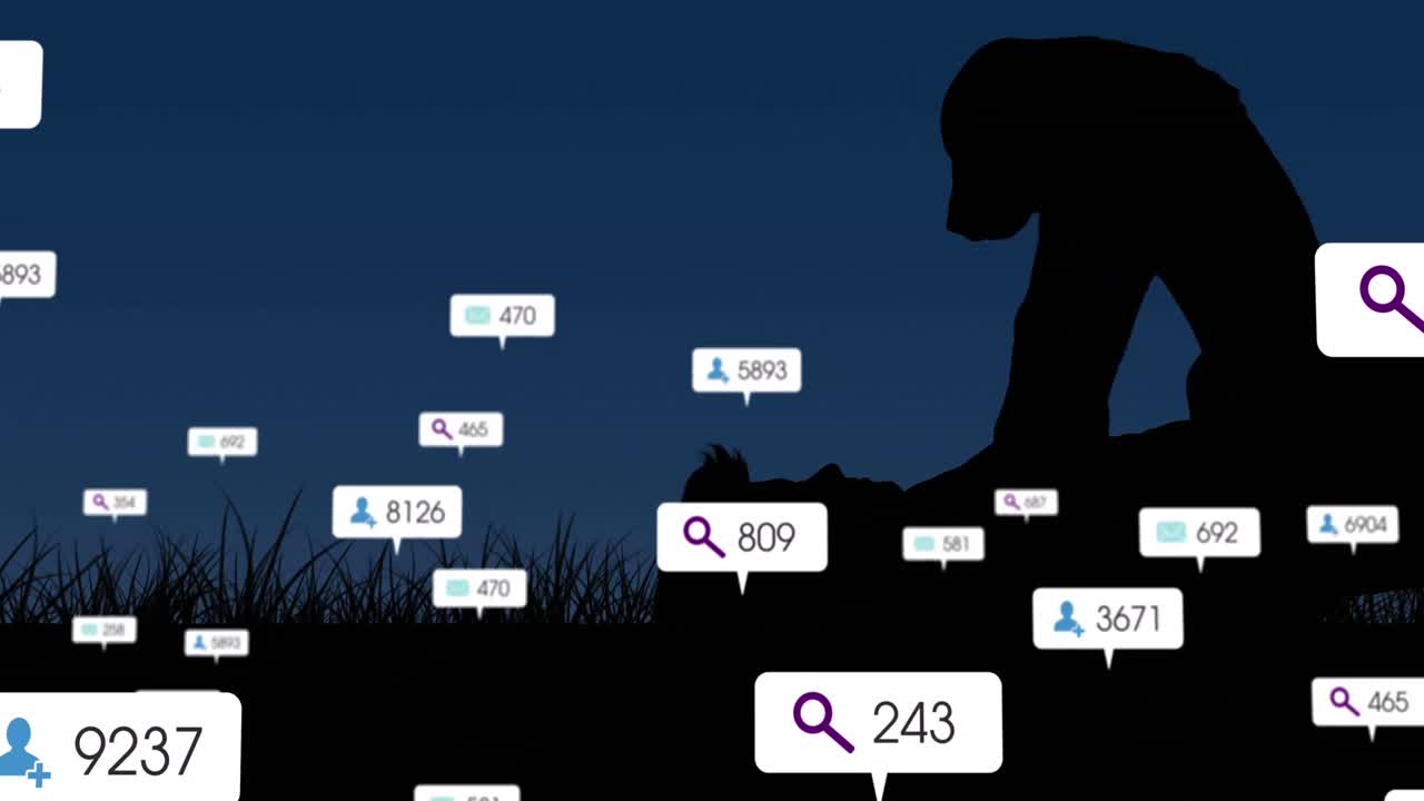 Animazione di icone e numeri dei social media su icona Wi-Fi sullo sfondo