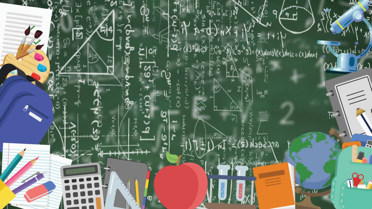 Ikon sekolah digital bergerak di atas persamaan matematika di latar belakang hijau.