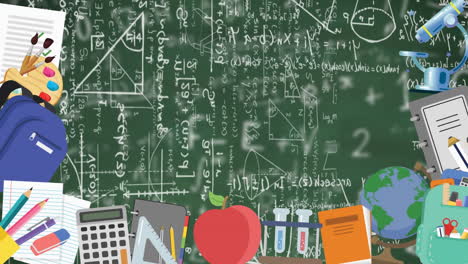 los iconos digitales de la escuela se animan sobre ecuaciones matemáticas sobre un fondo verde.