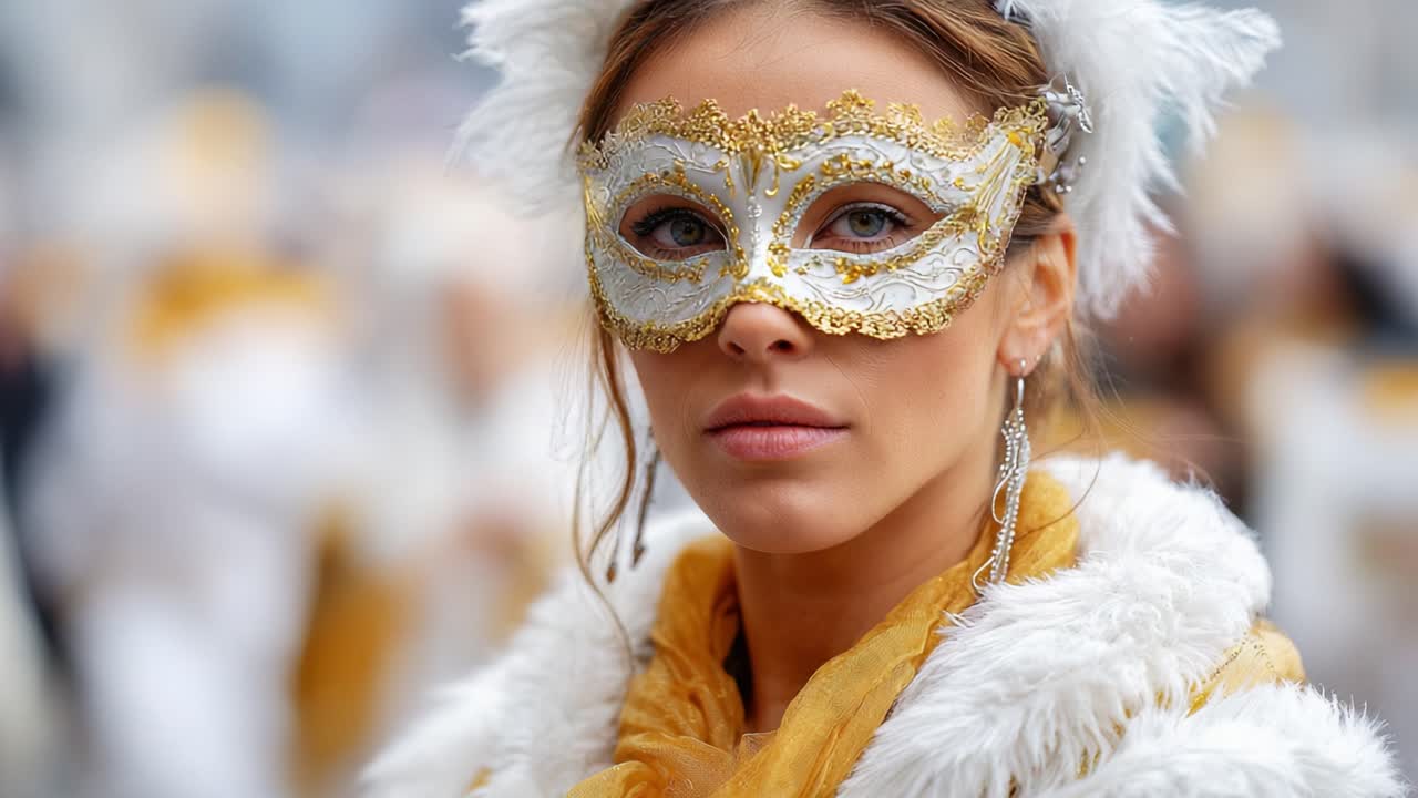 Elegante donna mascherata in costume da carnevale, splendidamente vestita di bianco e oro, bellezza affascinante con espressioni incantevoli circondata da un'atmosfera festosa