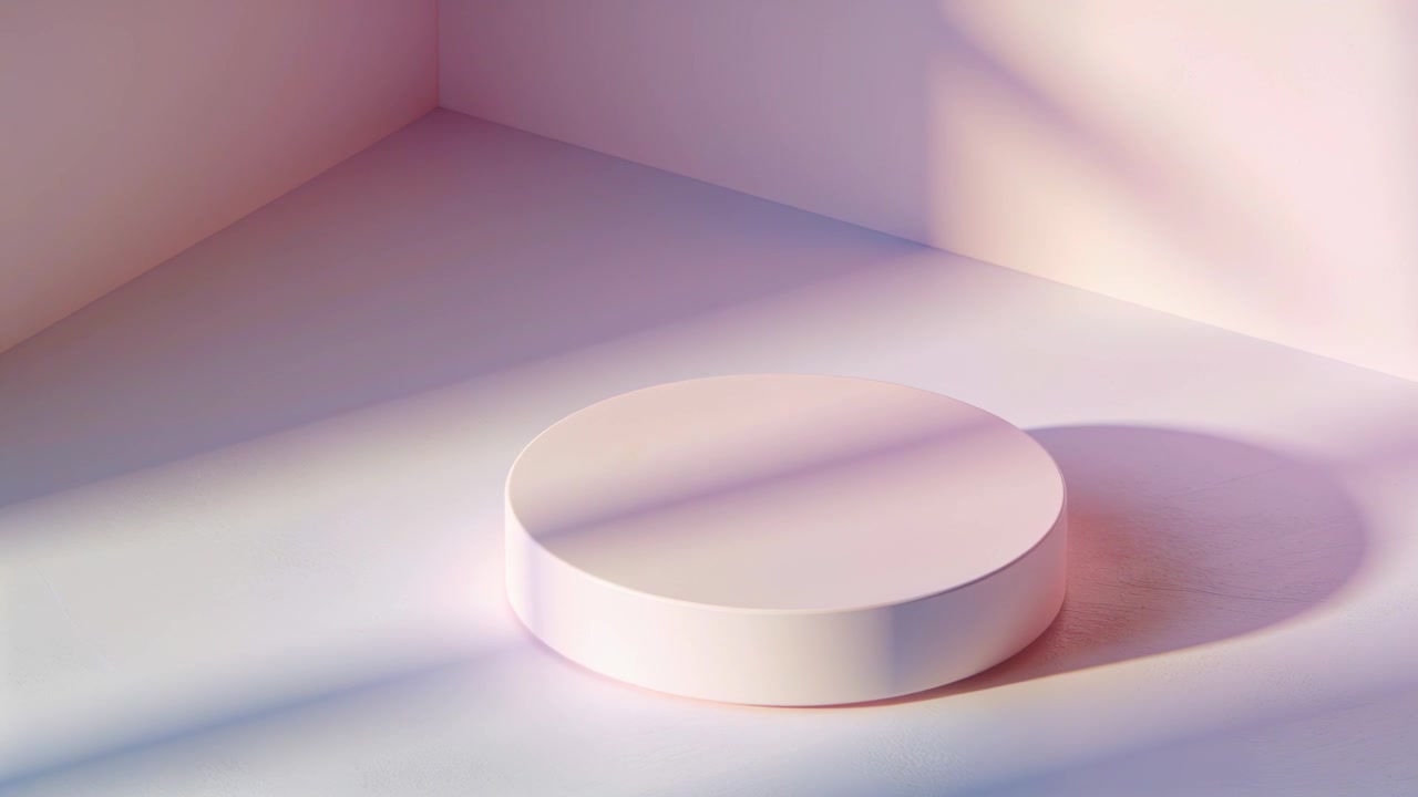 Podio bianco fisso posizionato al centro nell'angolo dello studio, con la luce che si sposta per evidenziare le superfici.