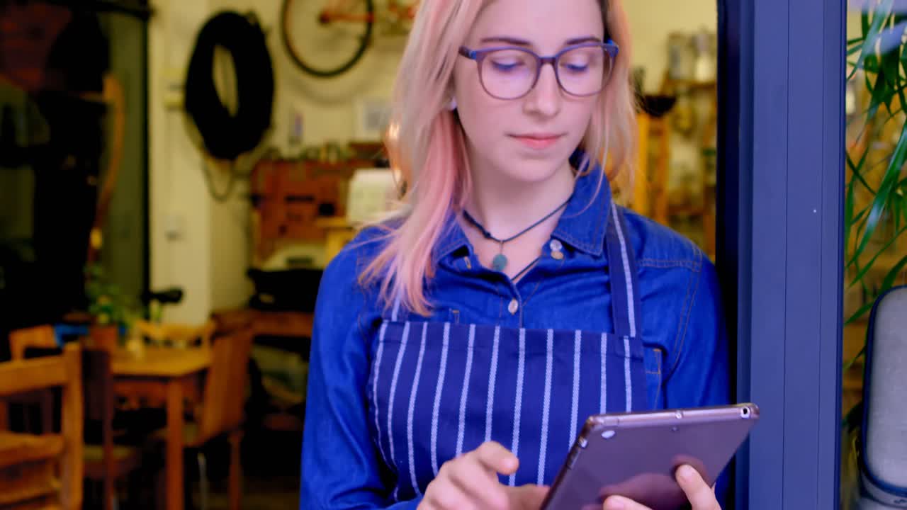 propietaria usando una tableta digital en la entrada 4k