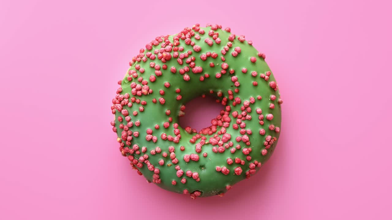 donut de anillo de primer plano con esmaltado de chocolate verde aislado en rosa. filmado con la cámara de cine 4k red raven