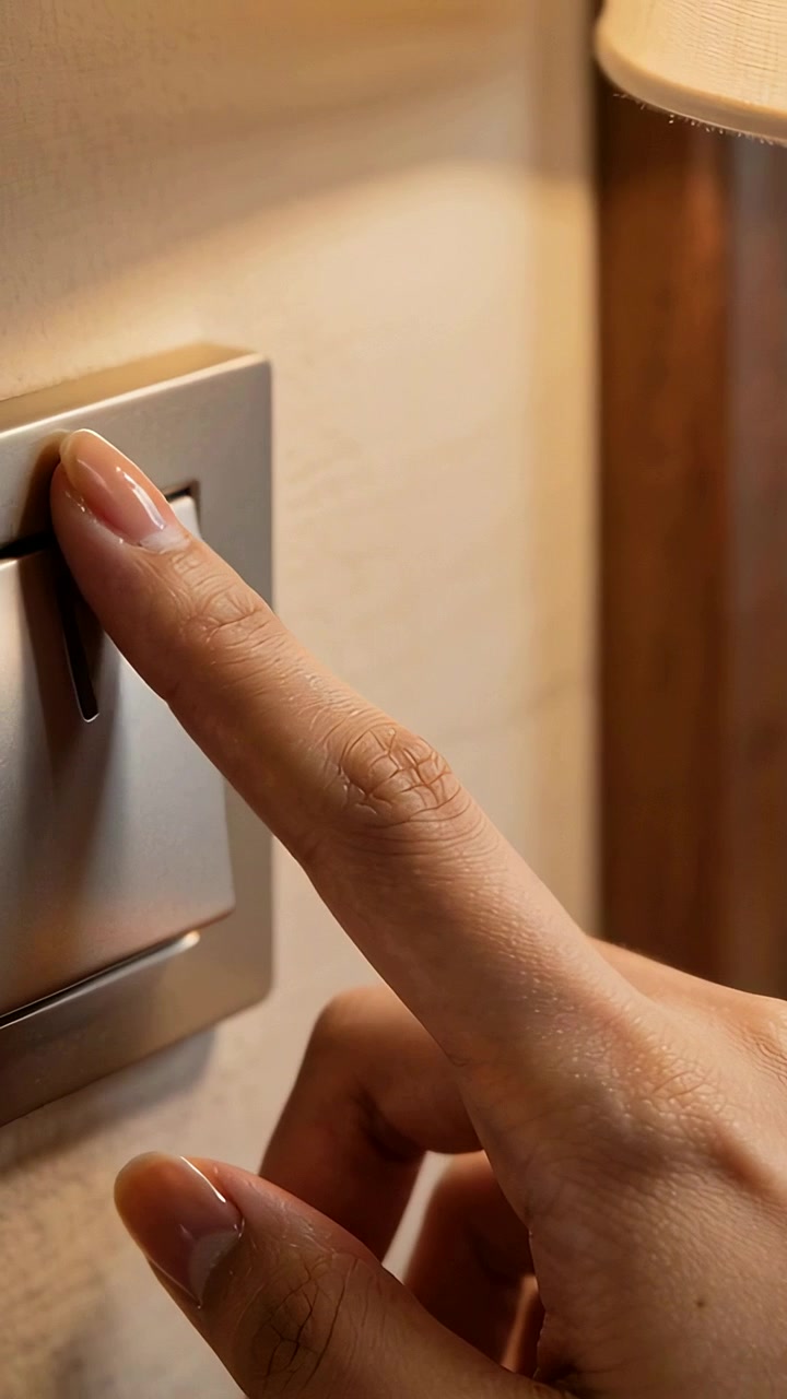 Vertical video: Hovering right hand glossy nails pressing rocker switch at bedside turning lamp on