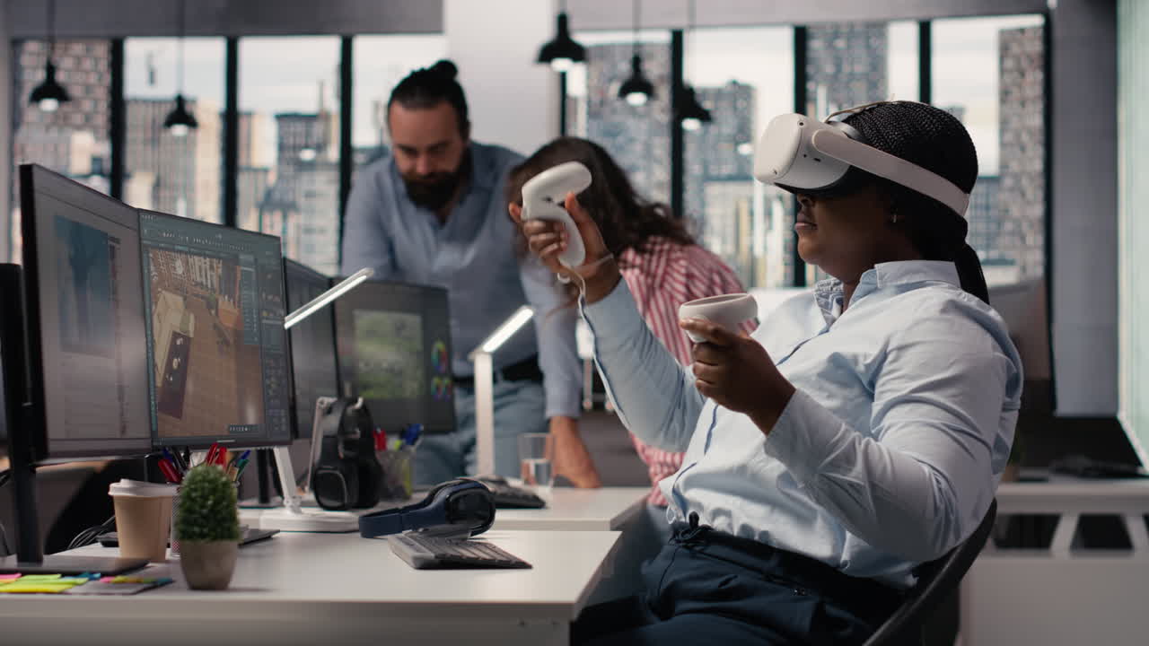 Woman engineer developing architectural layout with VR glasses