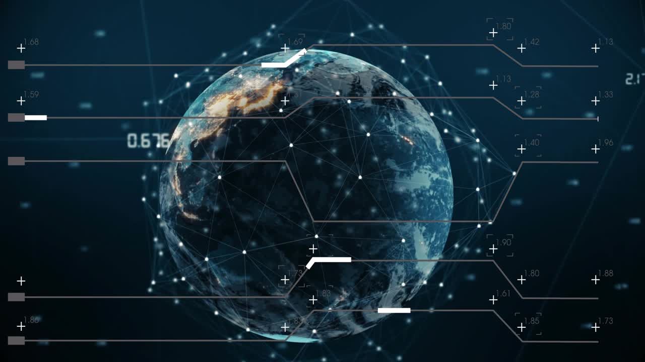 On data pulse, digital Earth rotating, nodes pulsing, mesh forming to show global links