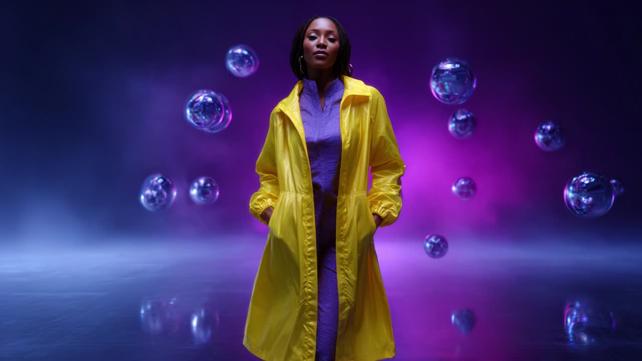 Stylish woman in purple jumpsuit and yellow coat