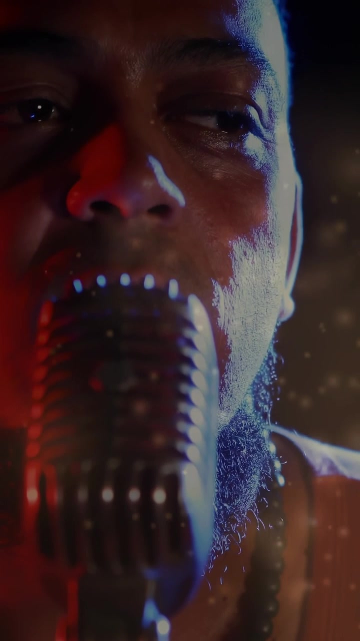 Vertical video: Man singing into mic as camera pullback revealing face and red-blue dust recording