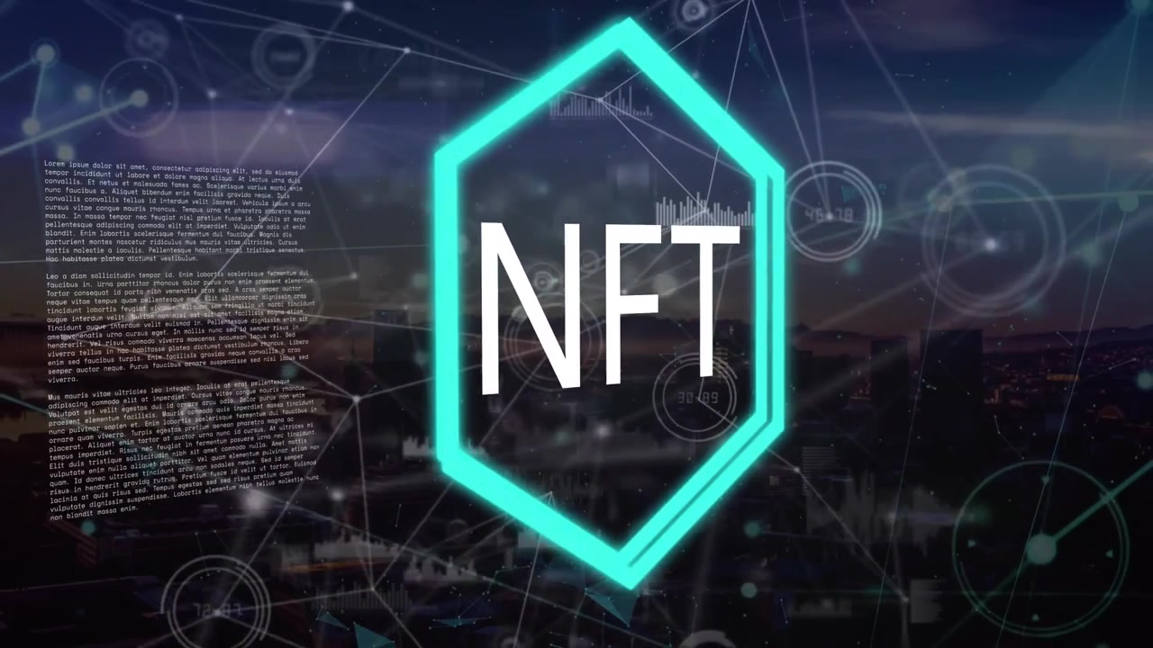 Animation of nft and network of connections over sunset landscape