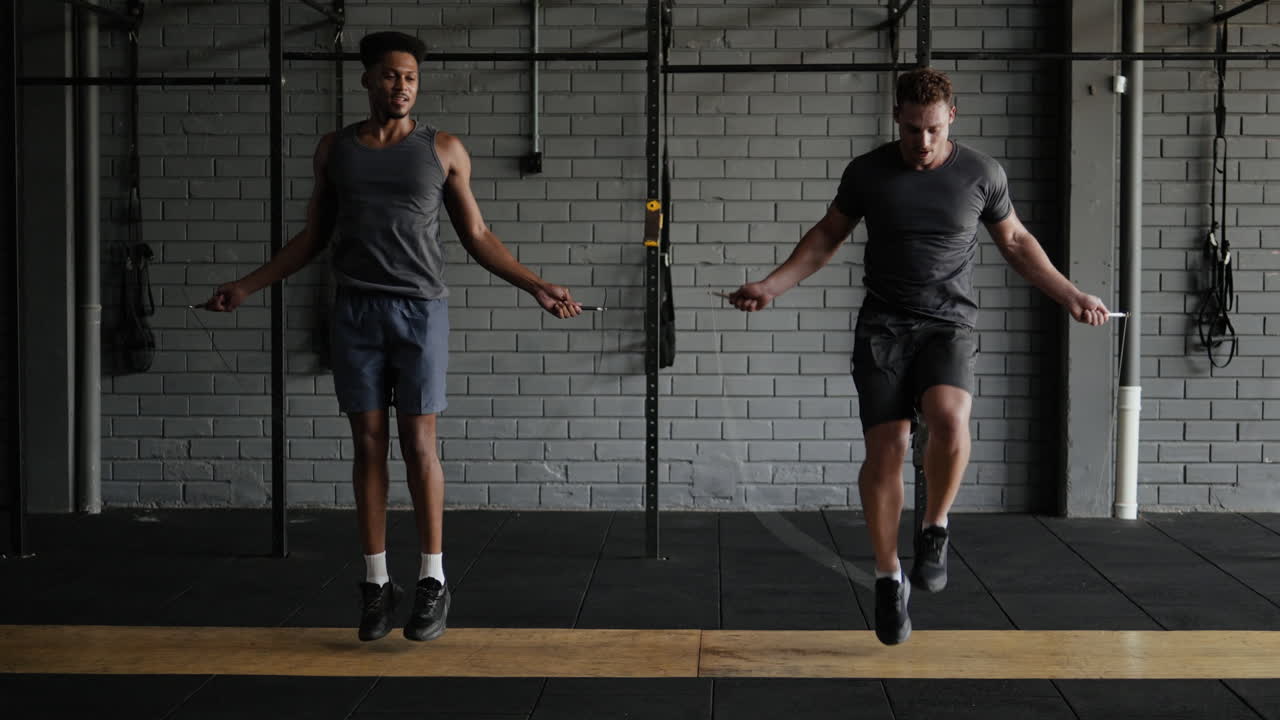 Two men jumping rope in a gym