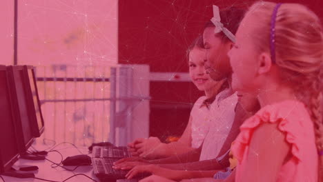 red de conexiones sobre cuatro chicas diversas riendo mientras usan la computadora en la escuela
