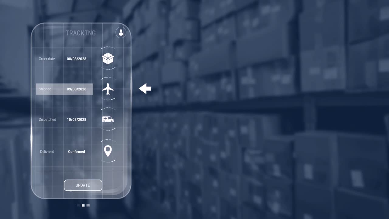 animación de la interfaz digital con iconos y procesamiento de datos sobre cajas