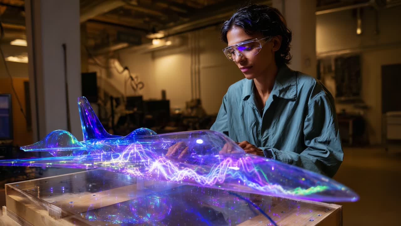 Ingegnere innovativo che modifica un modello di aeromobile trasparente con motivi di luci colorate in un ambiente di officina high-tech
