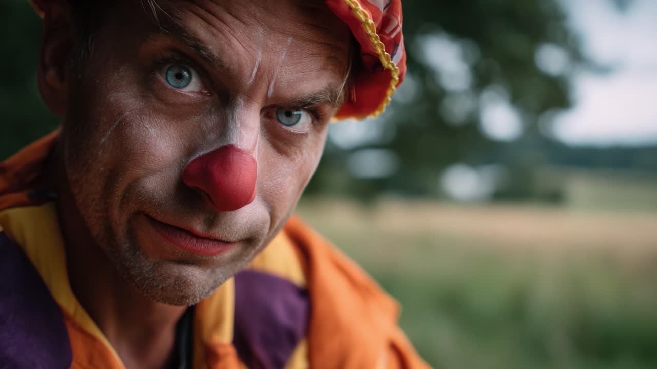 Intense Portrait of a Clown with a Red Nose in a Natural Setting, Capturing a Complex Blend of Emotions and Expressions in Two Distinct Frames