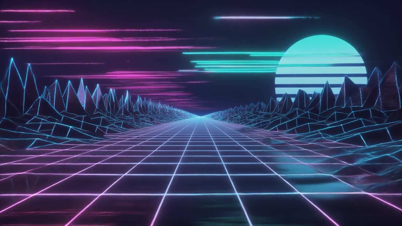 Paesaggio a griglia Synthwave retrò con luci al neon e montagne wireframe