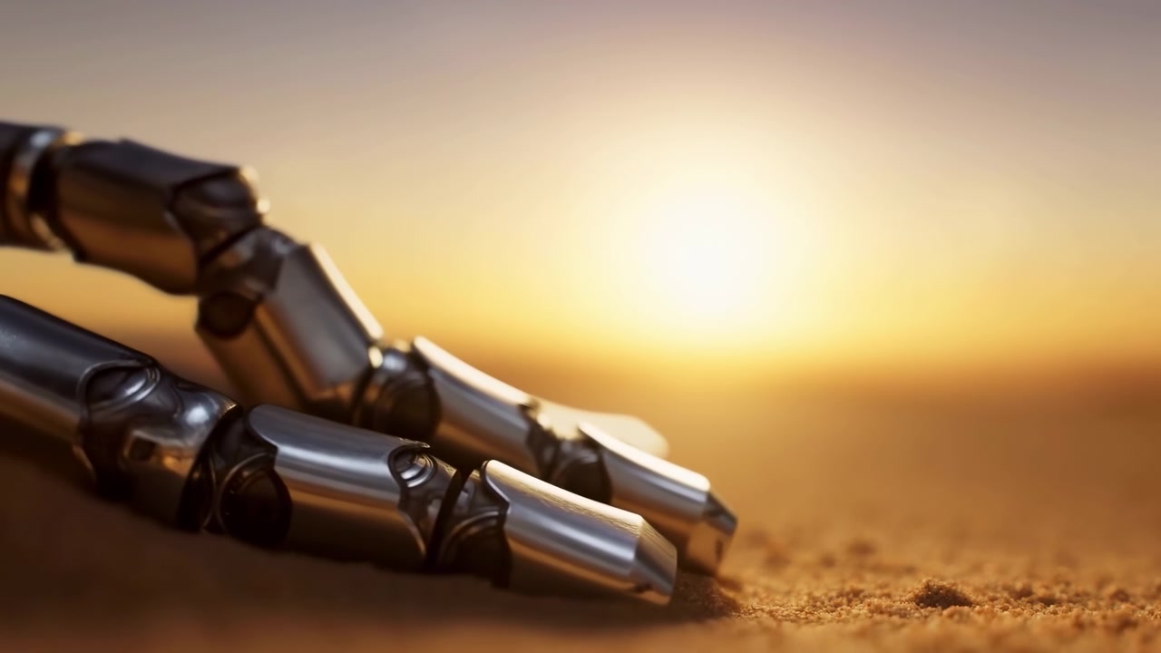 A metallic robotic hand stretches low across a sandy surface, lit by warm sunset glow with a soft blurred background and a cinematic futuristic mood