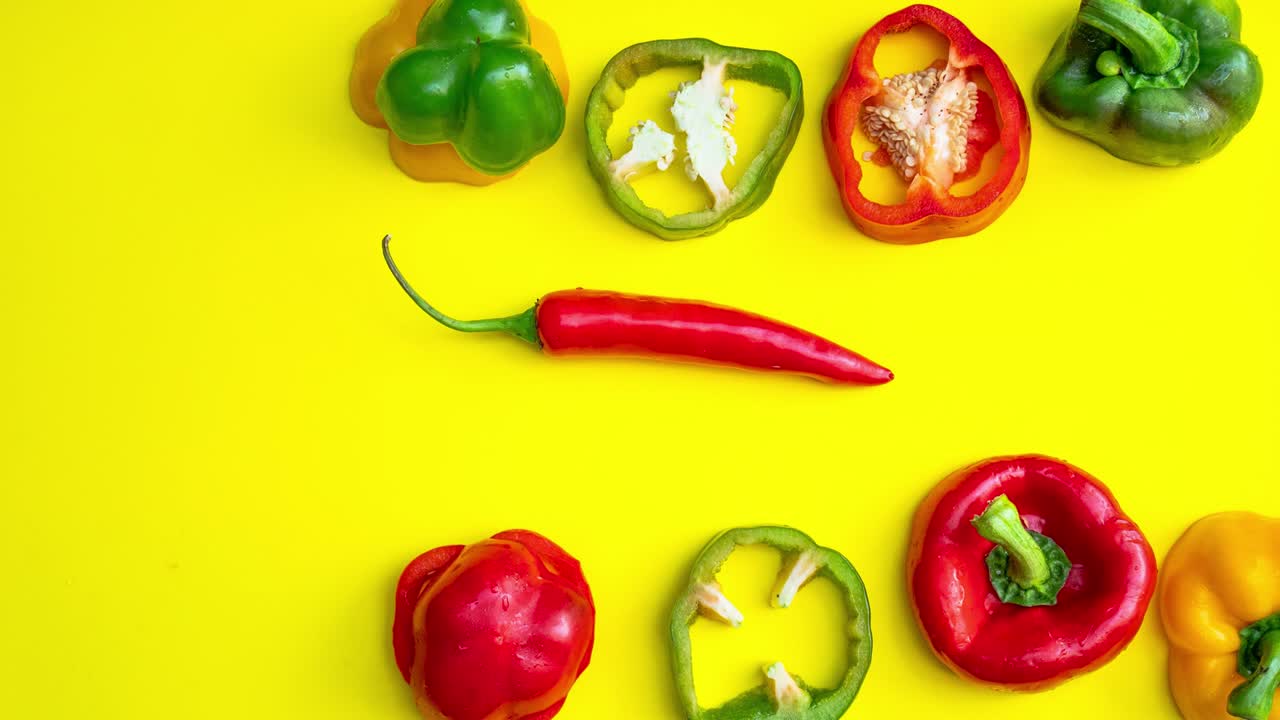 Stop motion of fruit and vegetable moving on color background