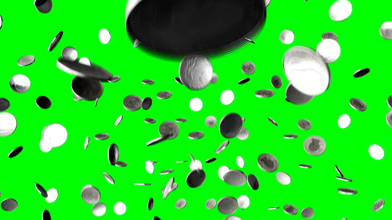 Rotating pound coins raining down against a green screen