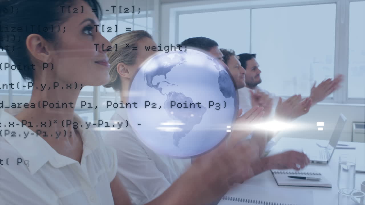 Animation of rotating globe and data processing over happy colleagues clapping at office meeting