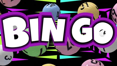 animation of bingo text over lottery balls and colorful shapes on black background