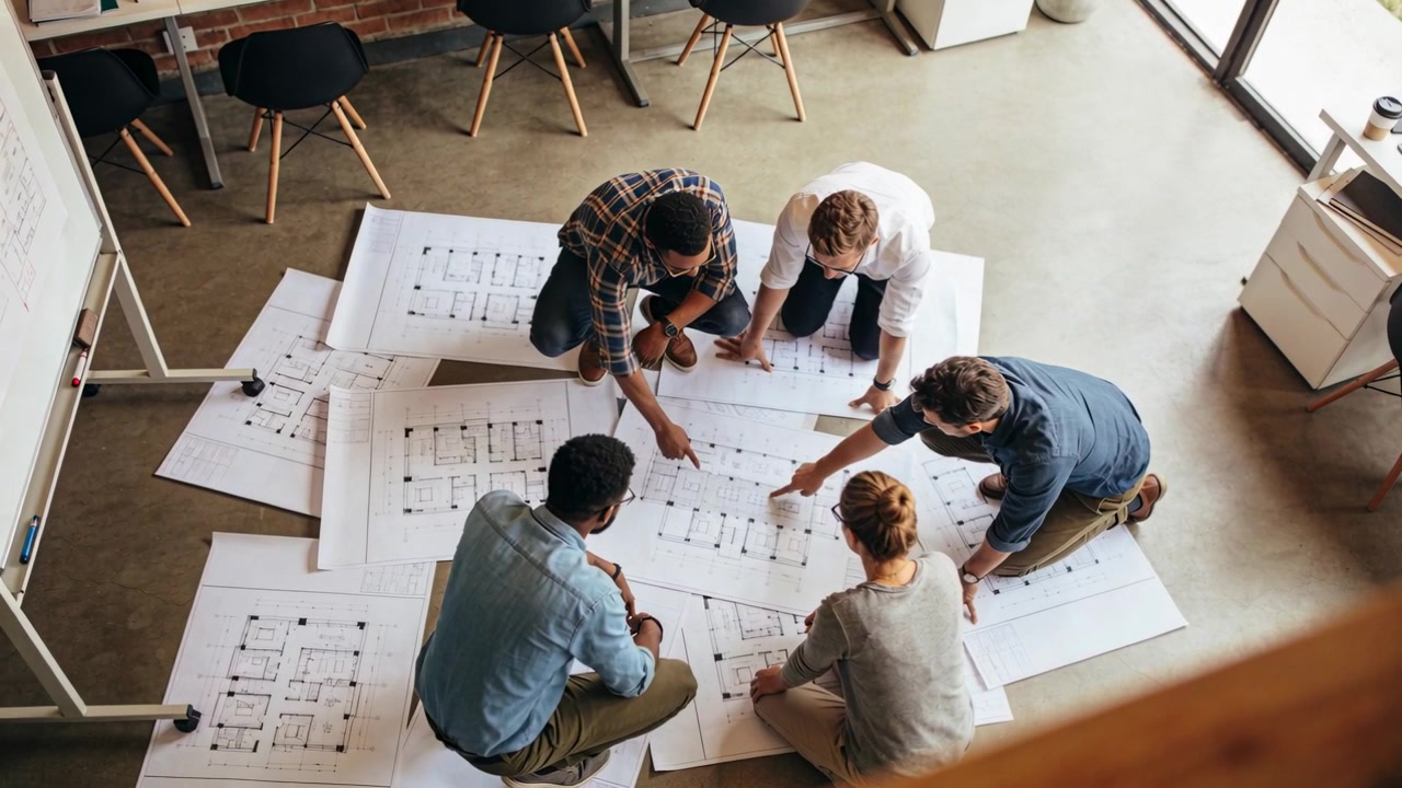 Team di progettazione che stende i progetti, indica e regola in studio, risolvendo il layout del corridoio, in abbigliamento casual.