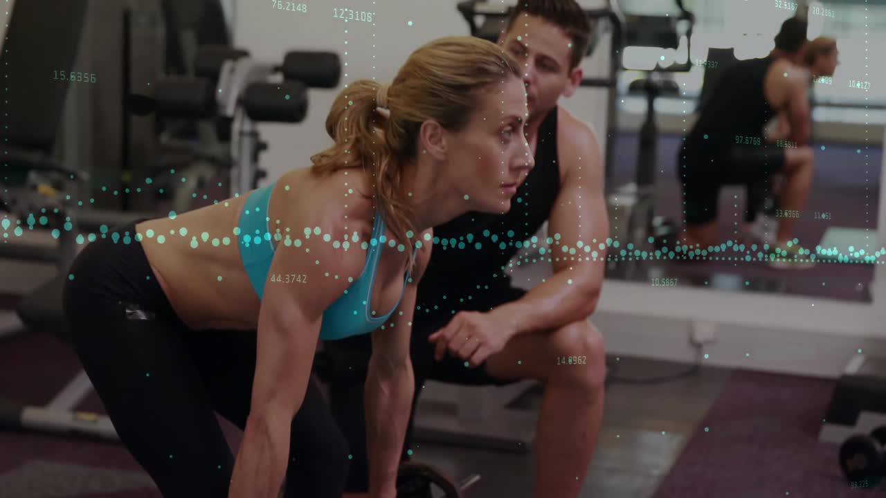 Fitness data processing animation over people lifting weights in gym