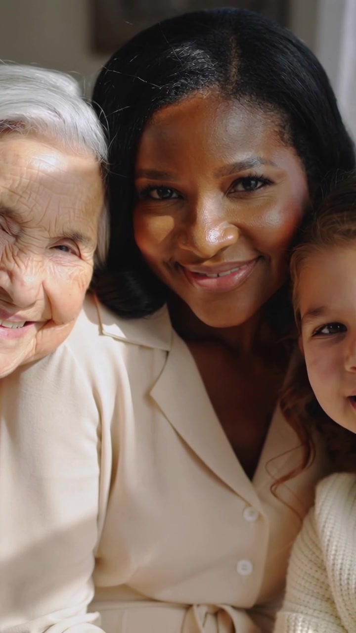 Vertical video: Responding to camera, three generations posing by window for portrait in tan tops