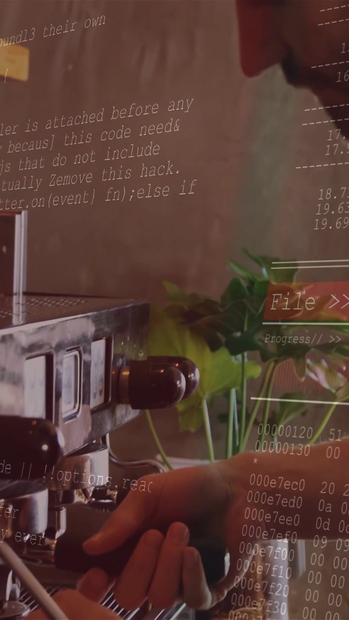 Vertikal video: Barista låser filter og placerer kop under maskinen, mens espressoen brygges, med overlejring.