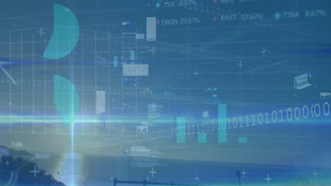 Binary coding and financial data processing animation over cityscape background