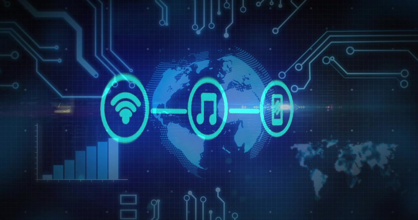 Cerchio che si trasforma in Wi-Fi collegando una nota e un telefono, con un globo che ruota e barre che salgono mostrando la rete.