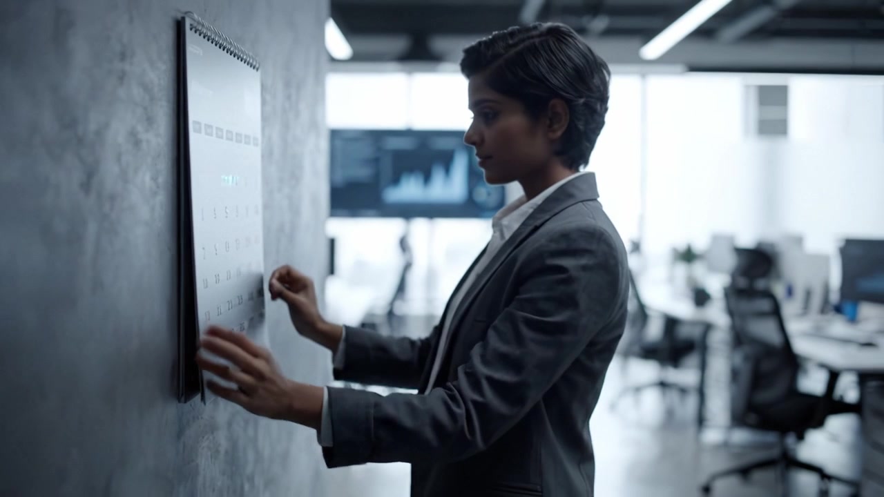 Professional businesswoman reviewing a calendar on the wall in a modern office environment, demonstrating time management and organizational skills.