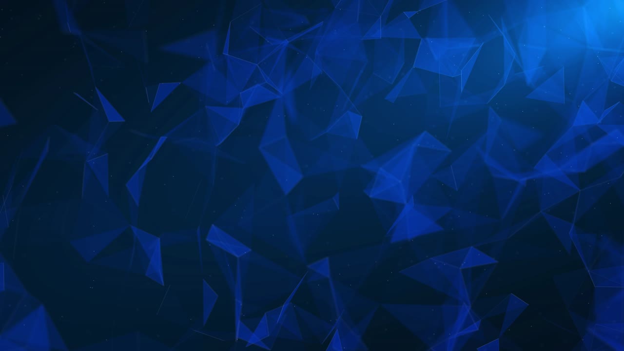 Forme astratte di triangolazione a onda digitale di colore blu su una danza di particelle che fluiscono in un'onda digitale.