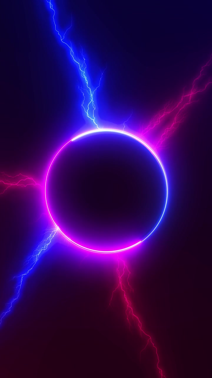Effetto cerchio neon elettrico, fulmini magenta e blu, bagliore drammatico, centro scuro e movimento ad alta energia.