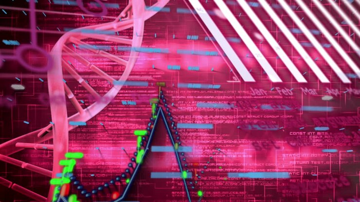 Animazione di grafico ed elaborazione dati su filamento di DNA su sfondo rosso