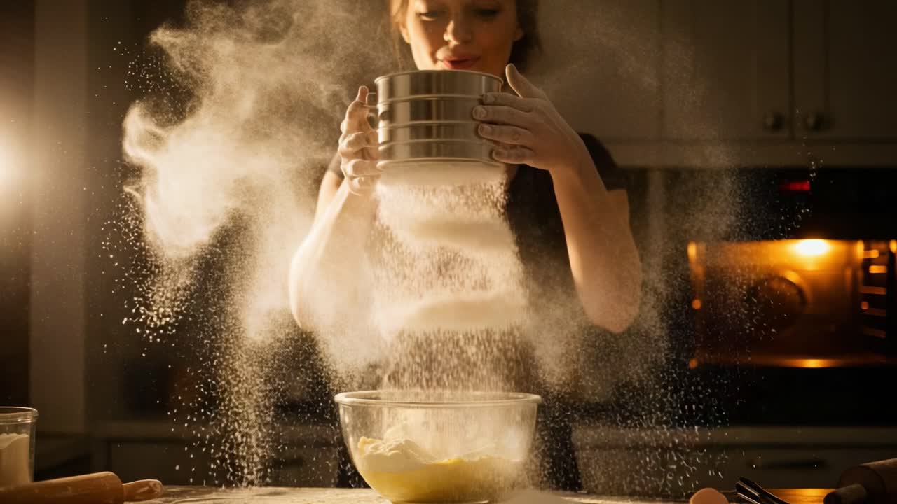 Captivating Moments in the Kitchen: A Young Chef Sifts Flour with Joy, Creating a Magical Cloud of Dust for Delicious Homemade Baked Goods