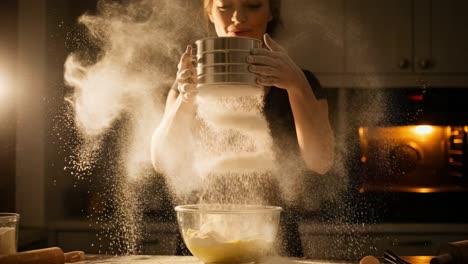 captivating moments in the kitchen: a young chef sifts flour with joy, creating a magical cloud of dust for delicious homemade baked goods