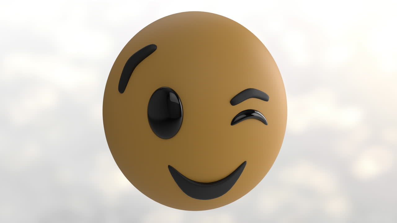 Animace ikony emoji mrkajícího obličeje na šedém pozadí se světelnými skvrnami.