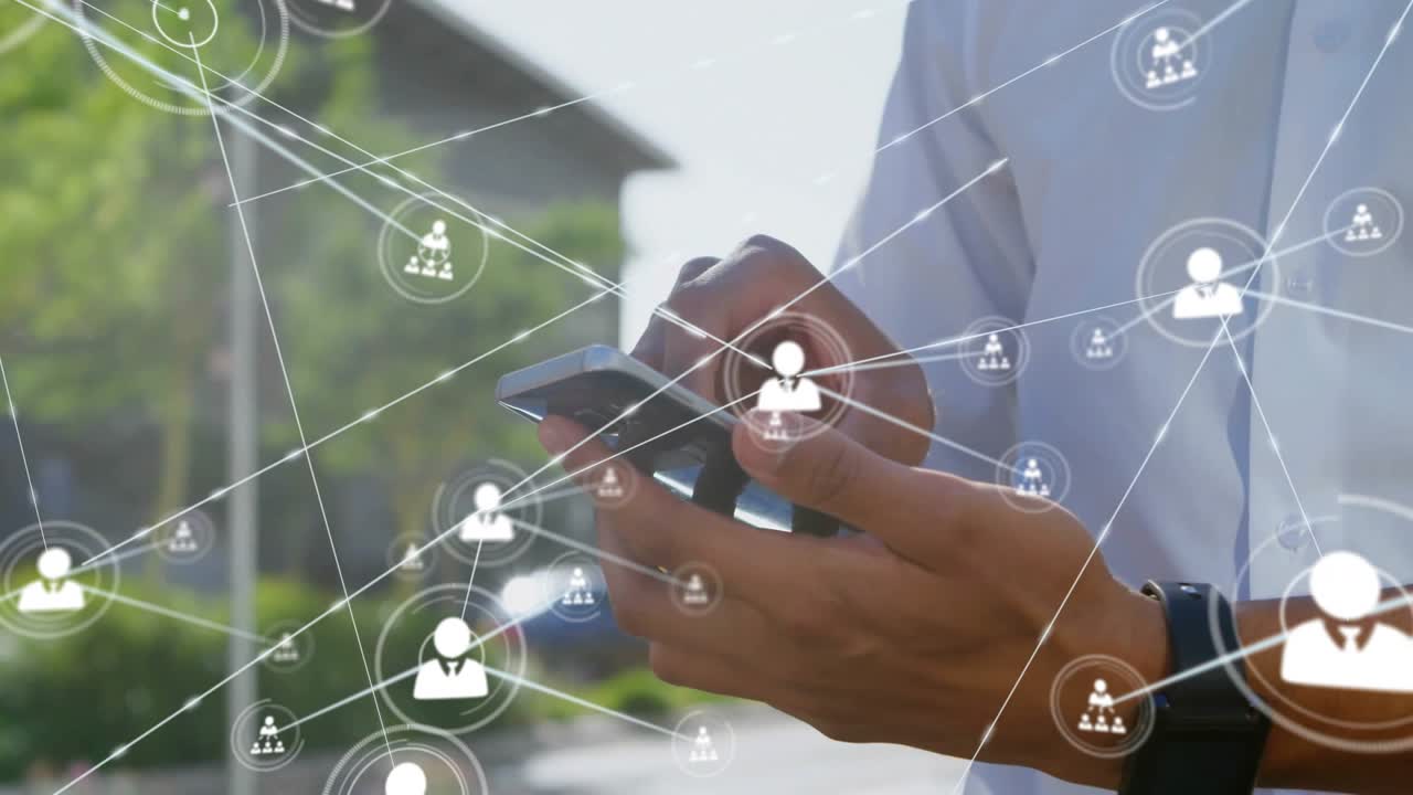 Man tapping smartphone on suburban sidewalk activating smartwatch icons showing social network rise