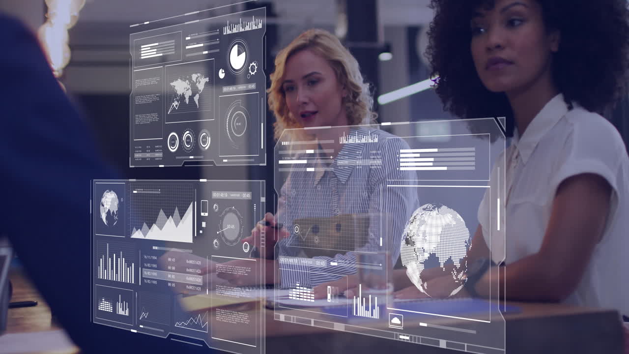 Animation of data processing and diagrams over diverse colleagues talking