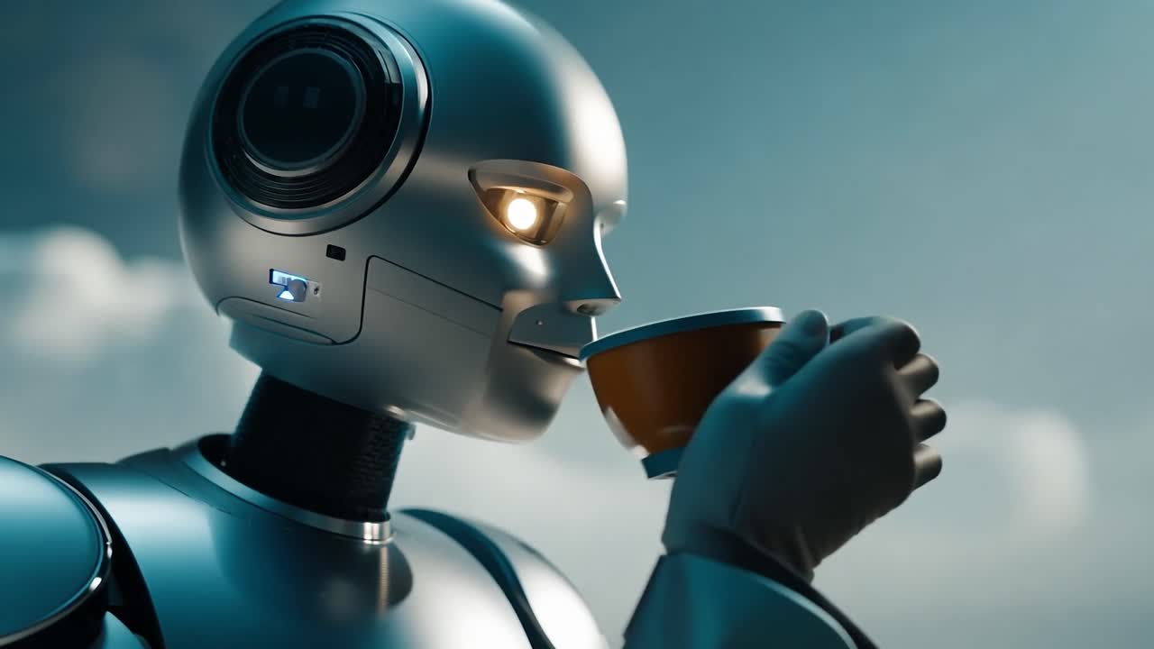 il robot metallico si diverte a sorseggiare una bevanda calda da una tazza, mostrando una miscela di tecnologia e innovazione