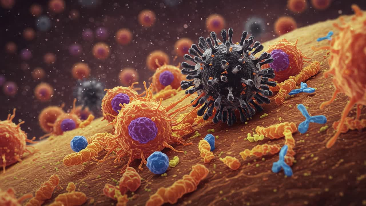 A Vibrant Cellular Landscape: Microscopic Interactions Between Virus and Immune Cells Illustrated in Intricate Detail