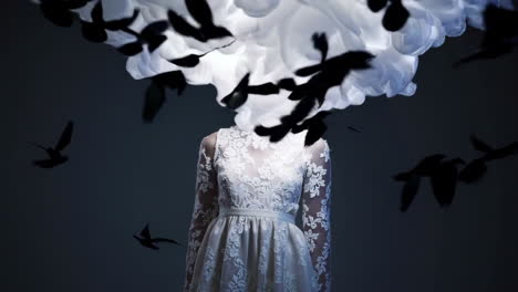 mujer en vestido blanco con una nube de pájaros