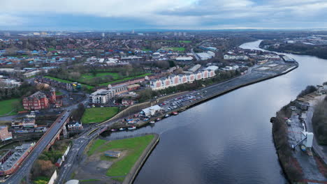 newcastle upon tyne, slowly tracking forward towards byker with industrial area's in frame