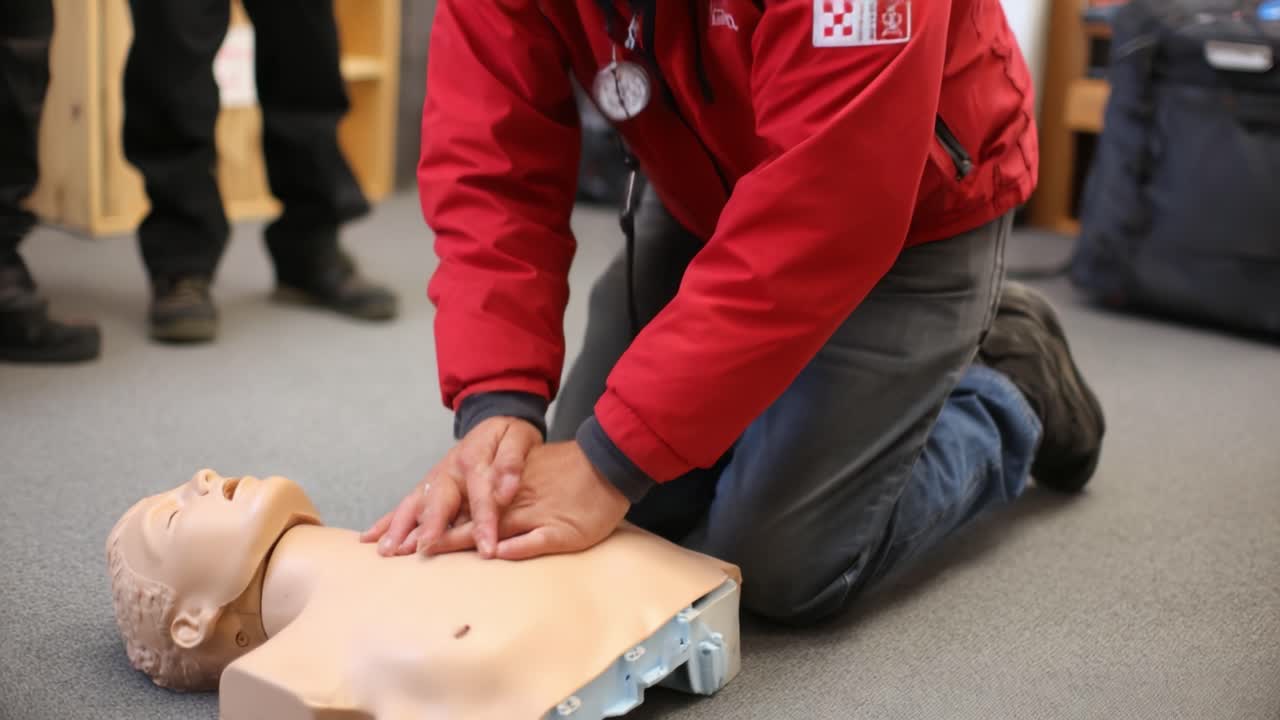Demonstrating Life-Saving CPR Techniques on a Training Mannequin to Teach First Aid Skills for Emergency Situations and Effective Resuscitation Practices