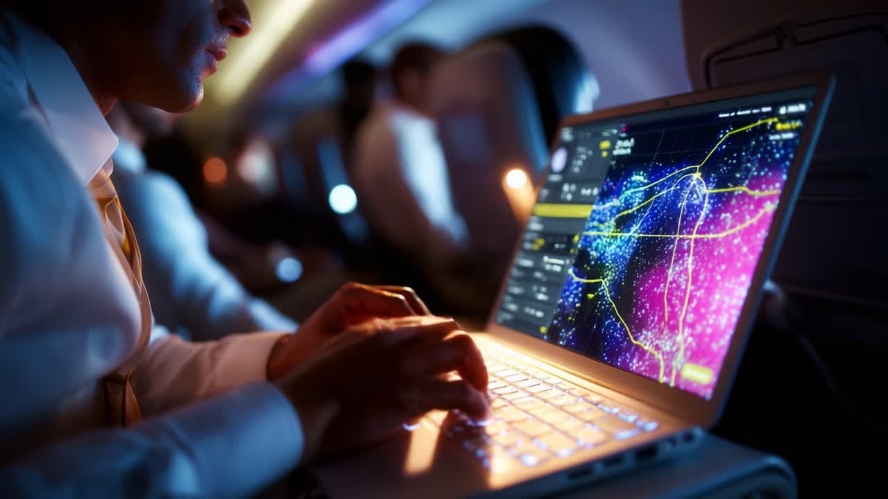 An individual engrossed in using a laptop during a flight, analyzing colorful flight path data displayed in a darkened cabin, surrounded by other passengers in a travel setting
