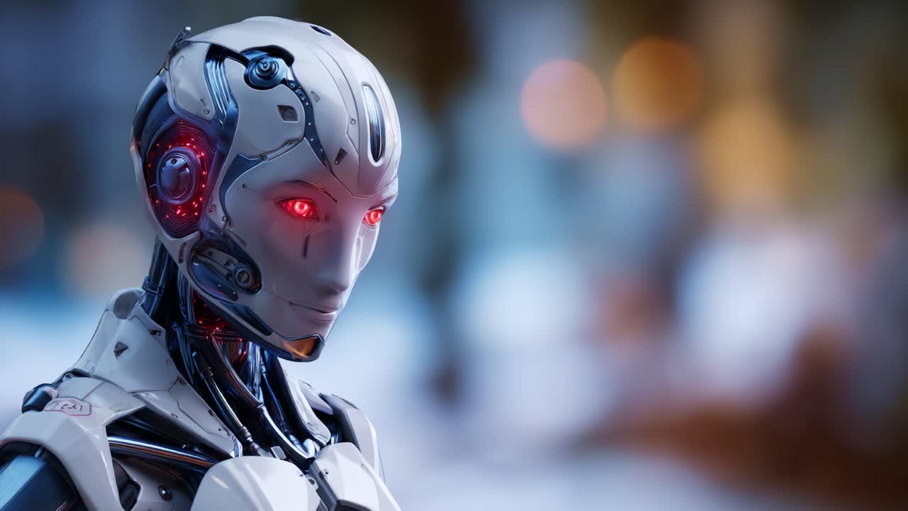 Robot futuristico con occhi rossi luminosi su sfondo sfocato, che mette in mostra tecnologia avanzata e intelligenza artificiale in un'ambientazione fantascientifica straordinaria