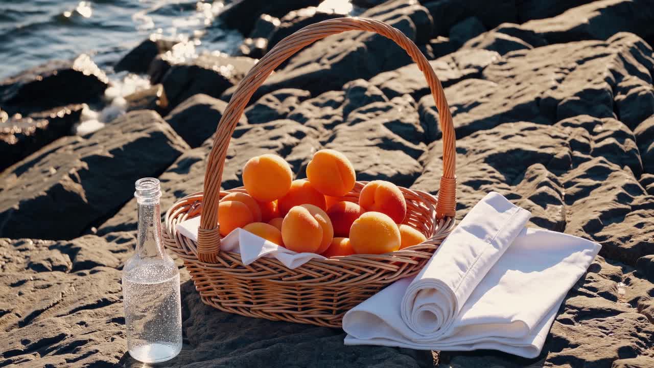 Fresh apricots are overflowing from a wicker basket on a rocky beach at sunset, accompanied by a refreshing bottle of water and a neatly folded white napkin, creating a serene picnic scene